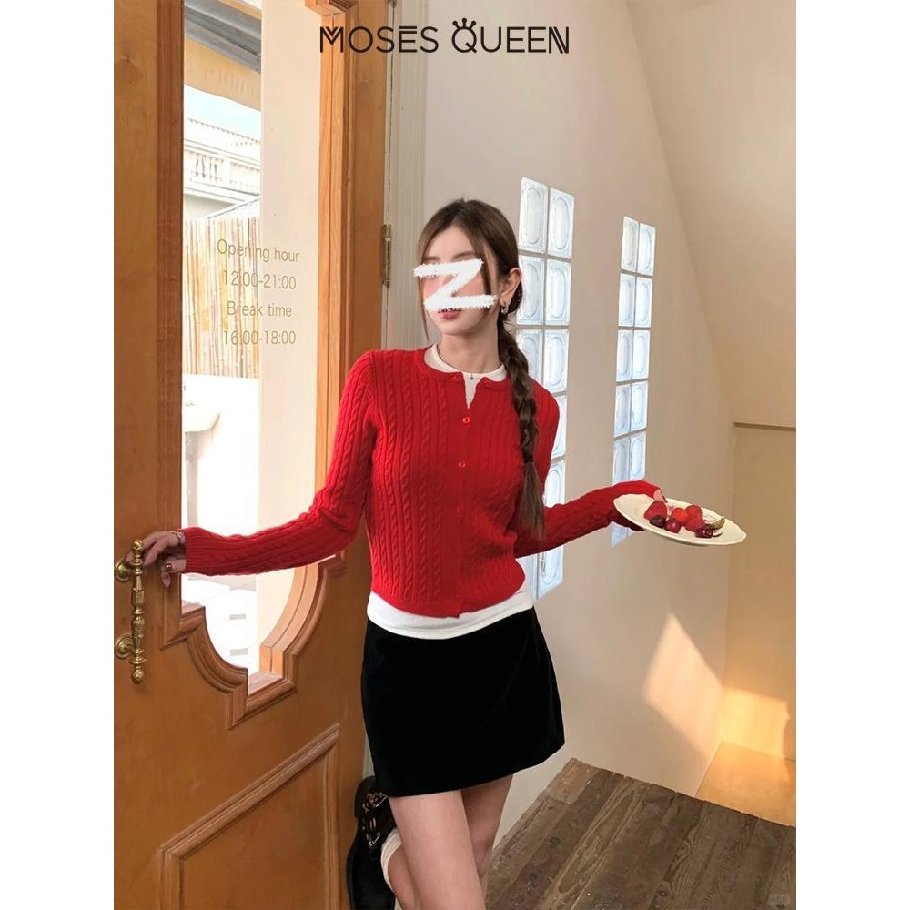 MOSESQUEEN Twist Dệt Kim Cardigan Cổ Tròn Mỏng Mỹ Slim Skinny 2025 Mới Top Nữ #59240 | BigBuy360 - bigbuy360.vn