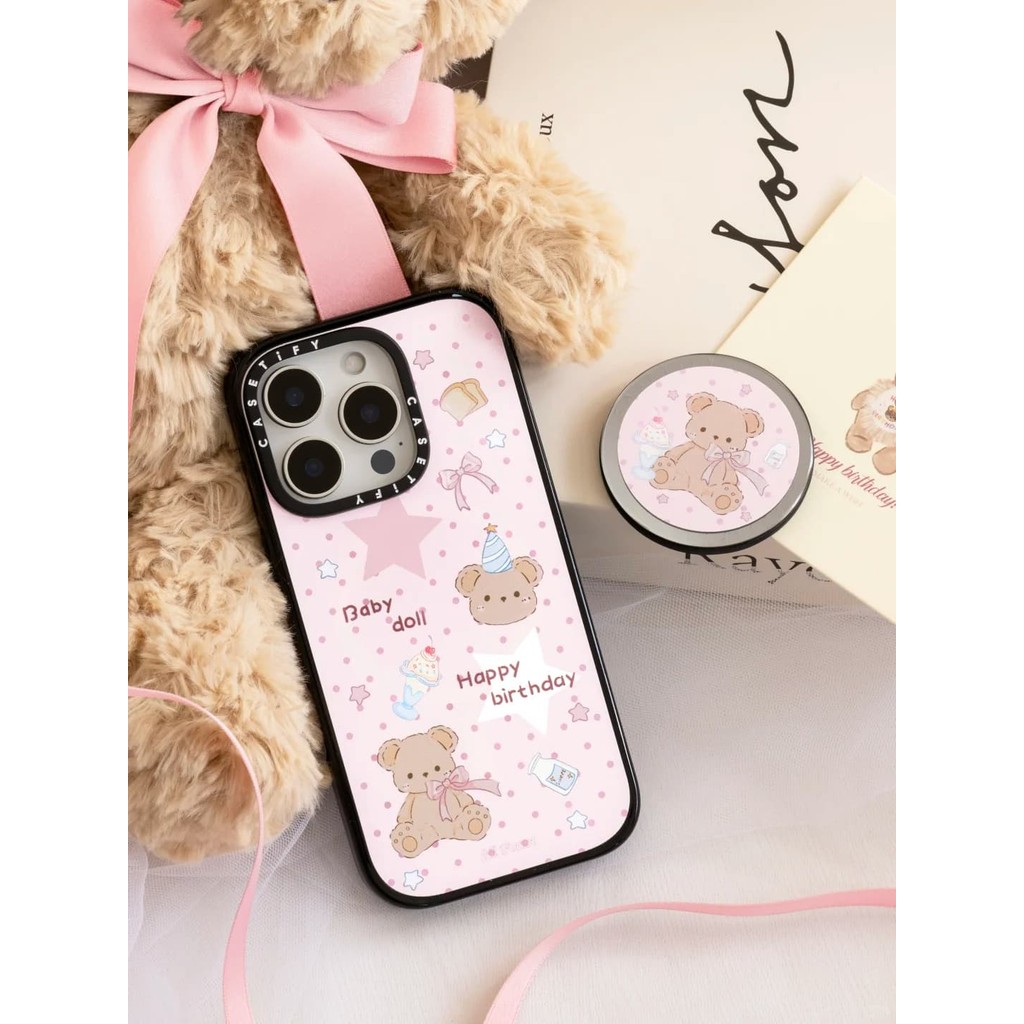 Casetify X Hi Forest Happy Every Day Ốp lưng cứng viền đen, chống sốc Impact, bộ sưu tập Peach Haze Cotton Candy, tương thích iPhone 12/13/14/15/16 Pro/Max/Plus, kèm hộp