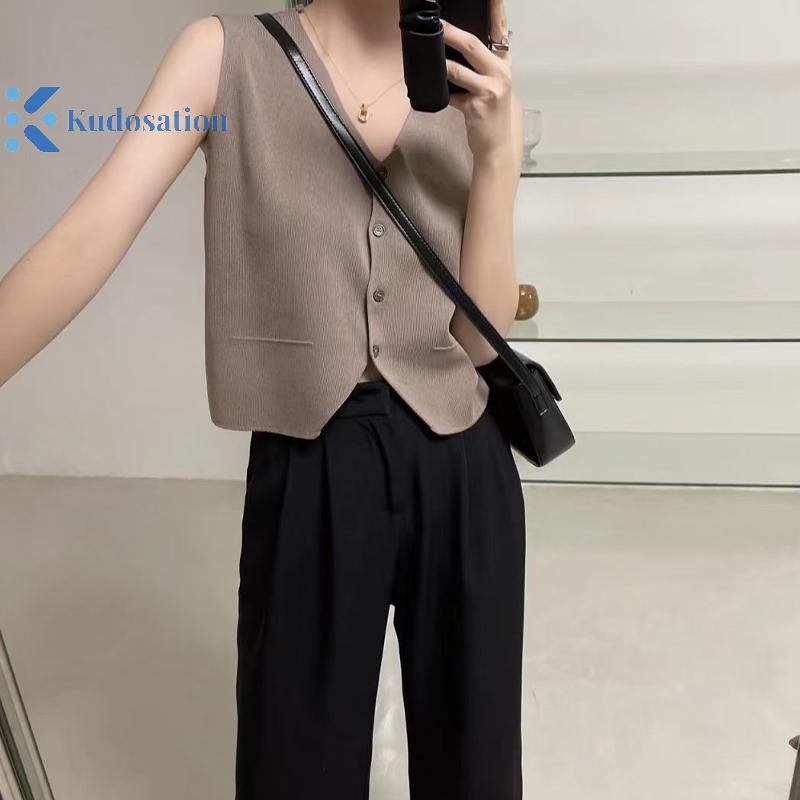 Kudosation Nữ Sang Trọng Cổ Chữ V Dệt Kim Áo Nhân Quả Ngắn Tay Áo Vest Áo Retro Màu Trơn Áo Thun Đẹp
