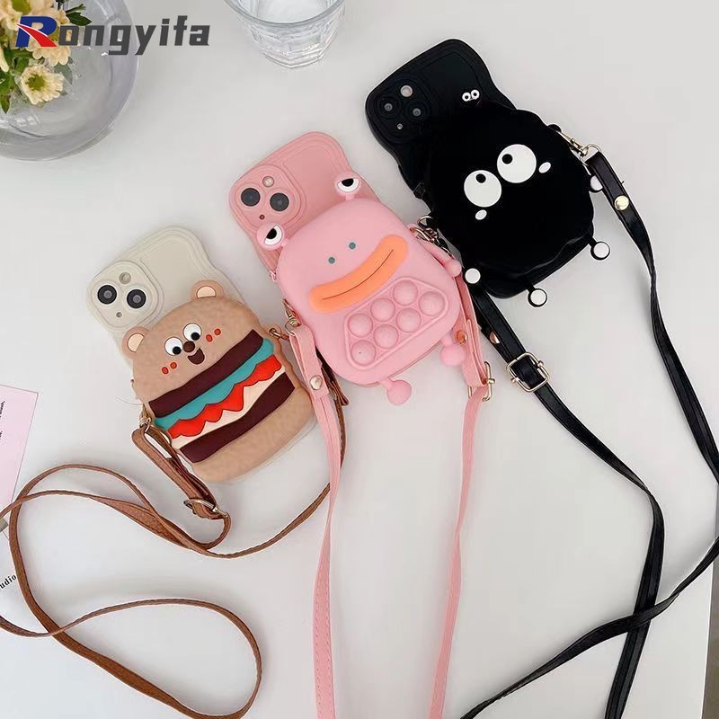 Ốp Điện Thoại Ví Đựng Tiền Xu Ếch Cho iPhone 15 14 13 12 11 Pro Max 15 14 8 7 Plus 13 12 Mini 6S 6 X XR XS Max SE2020 Vỏ Hoạt Hình Màu Đen Bánh Burger Bear Chống Rơi