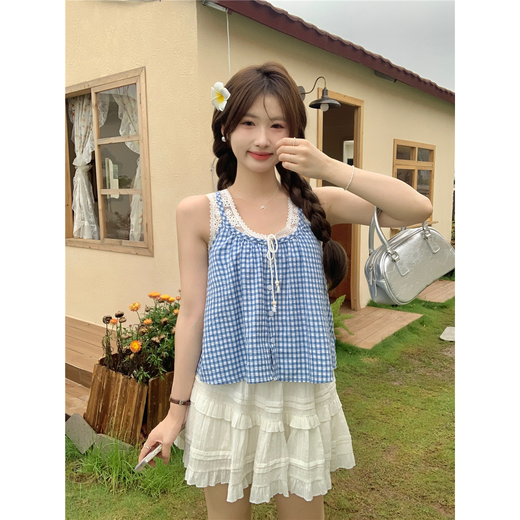 Milyfashion Nhỏ Tất Cả Trận Đấu Sang Trọng Ren Khâu Phối Ren Kẻ Sọc Không Tay Áo Nữ Mùa Hè Phong Cách Mới Rời Top