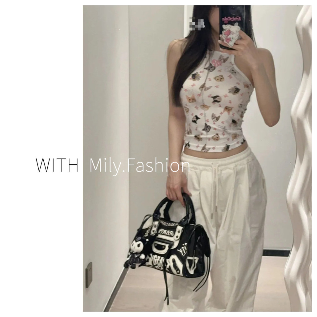 Milyfashion Thêu Trái Tim Động Vật In Hình Chữ I Áo yếm Mùa Hè Gợi Cảm Skinny quây Ngắn Mặc Ngoài