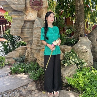 Bà ba gấm tay ngắn quần đen có túi, đồ bộ bà ba miền tây Áo