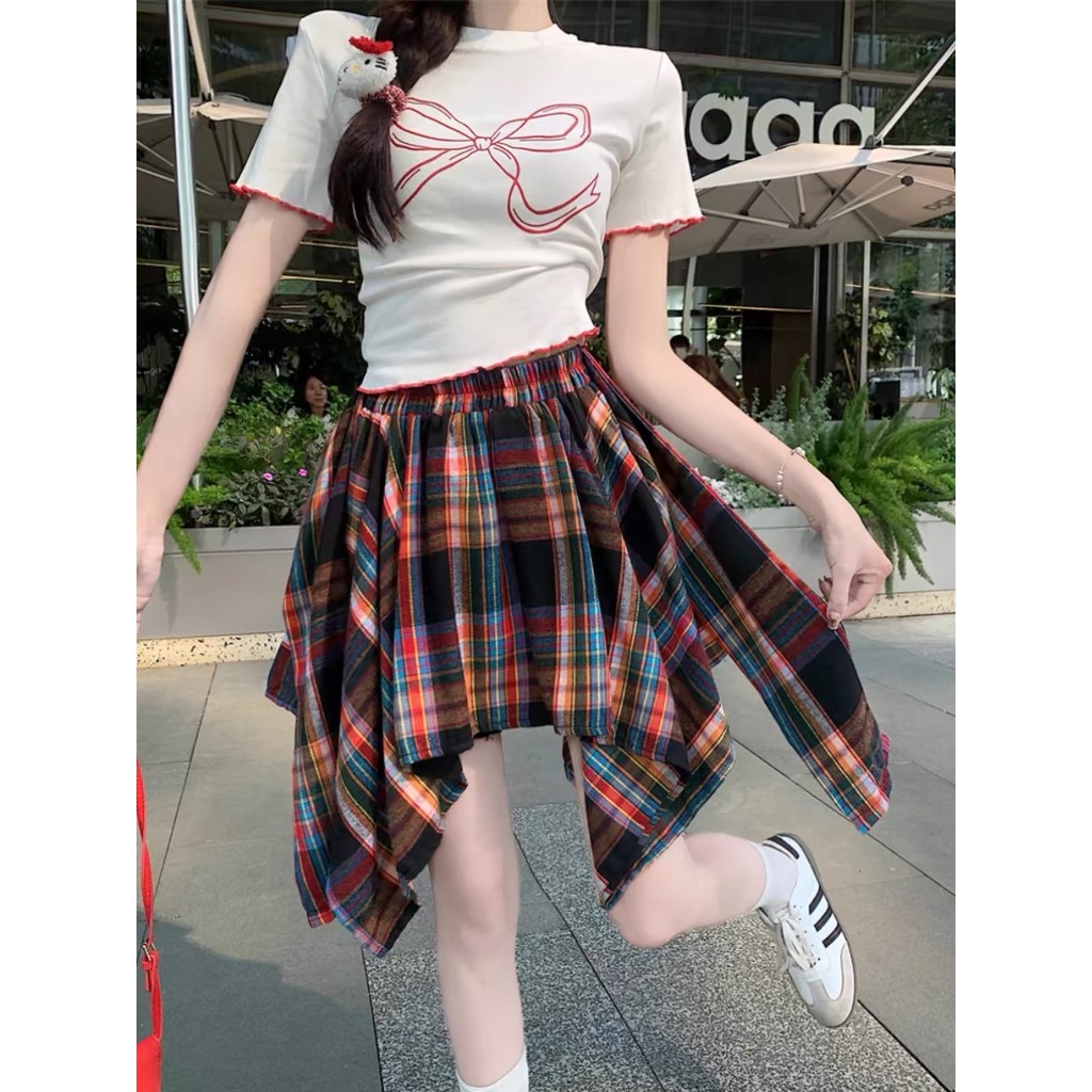 Milyfashion  Irregular Contrast Color Lace-up Design Skirt for Women Summer2024New High Waist Fat Cover Slimming Versatile Short Skirt