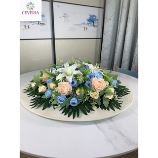 Hoa đặt giữa bàn tròn khách sạn, hoa giả, hoa trang trí, hoa giả, hoa lụa, bàn xoay khách sạn, hoa trang trí bàn bàn họp