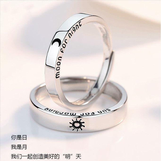 S925 Bạc Nhật Bản Hàn Quốc Độc Đáo Mặt Trăng Ngôi Sao Cặp Đôi Nhẫn Đơn Giản Sáng Tạo Mở Có Thể Điều Chỉnh Nam Nữ Cặp Đôi Nhẫn
