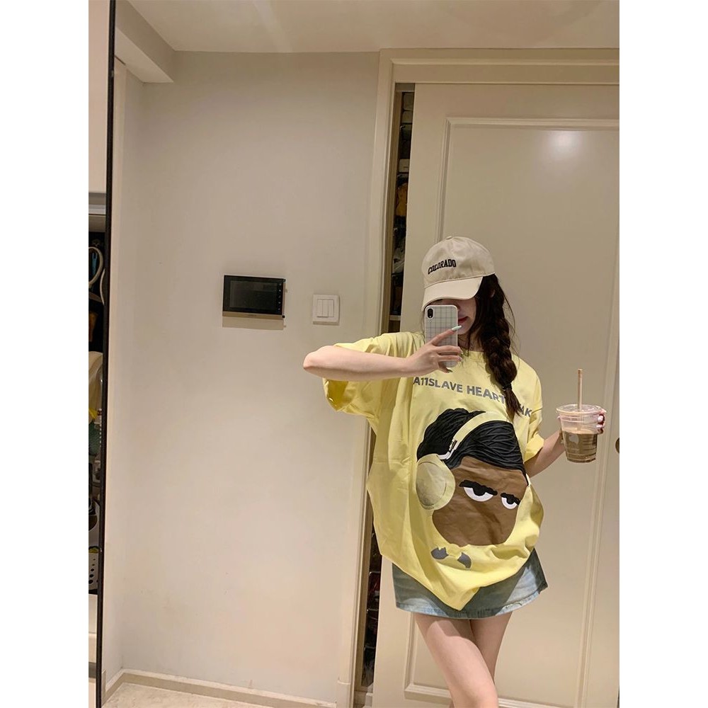 Cotton Nguyên Chất Màu Vàng Kem Hoạt Hình Ngắn Tay Nữ Mùa Hè Rời Top
