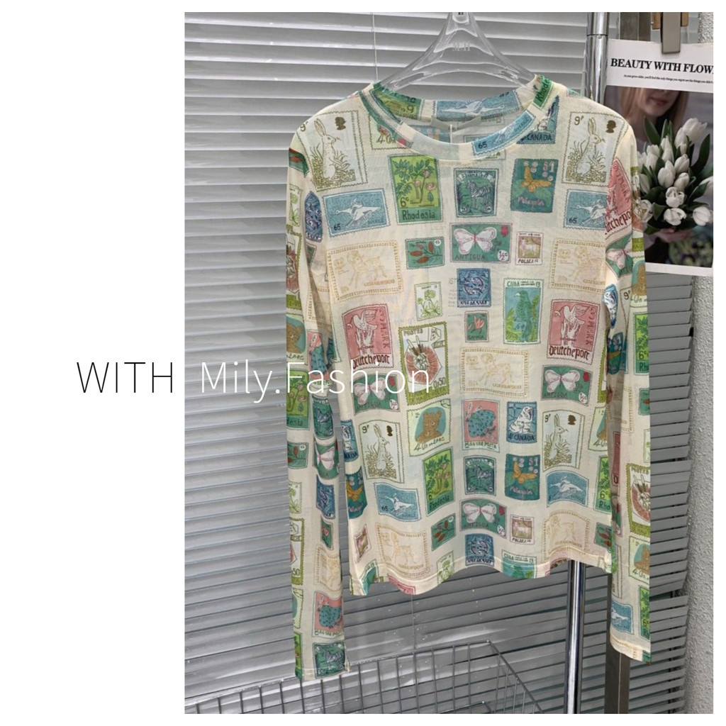 Milyfashion Stamp Print Phiên bản Hàn Quốc gạc T Kem chống nắng dài tay hàng đầu được xếp lớp hợp thời trang