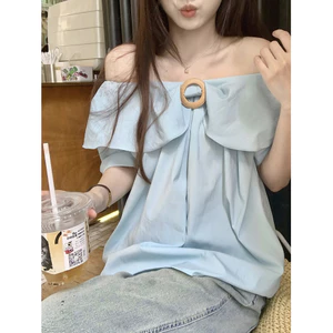 Áo sơ mi nữ xanh một vai dáng rộng phong cách Hàn Quốc mùa hè