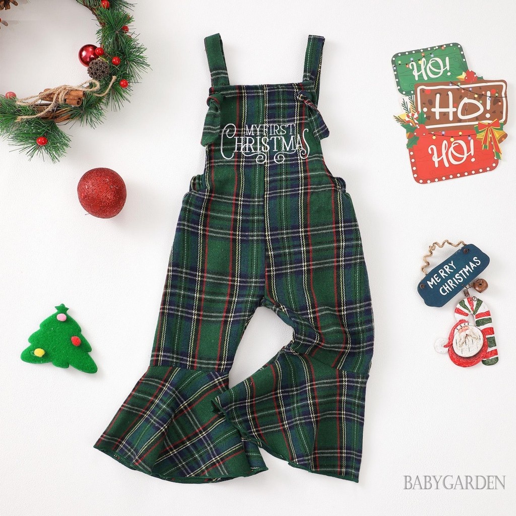 / / -6Month-4years Trẻ Em Bé Gái Áo Liền Quần Giáng Sinh Không Tay Thêu Chữ Kẻ Sọc Suspender Quần loe