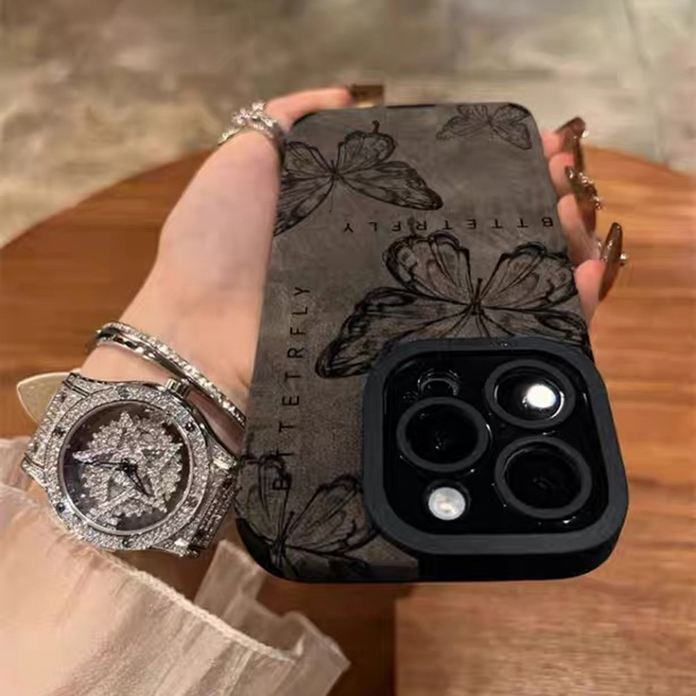Ốp Điện Thoại Da Bướm Đen Cho iPhone 17 Pro Max 17 Air 16Plus 15 14 13 12 11 Bảo Vệ Toàn Diện Vỏ Bảo Vệ Chống Sốc