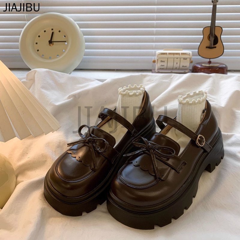 Giày Da Gót Dày Màu Nâu Phong Cách Anh Quốc Giày Nữ Chất Lượng Cao Giày Công Chúa Nơ Cổ Điển Korean Fashion Platform Mary Jane Shoes Giày Đi Học Màu Đen Japanese JK Uniform Cosplay Doll Shoes Giày Lolita Đế Mềm Mũi Tròn Chống Trượt Giày Mũi To