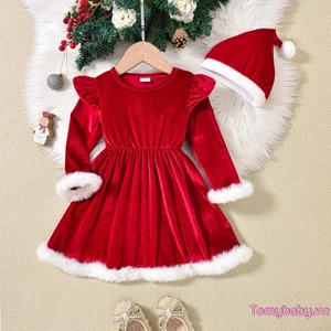 Trẻ Em Bé Gái Trang Phục Giáng Sinh Ruffle Sang Trọng Viền Cổ Tròn Tay Dài Đầm Đỏ + Mũ Ông Già Noel 2 Bộ