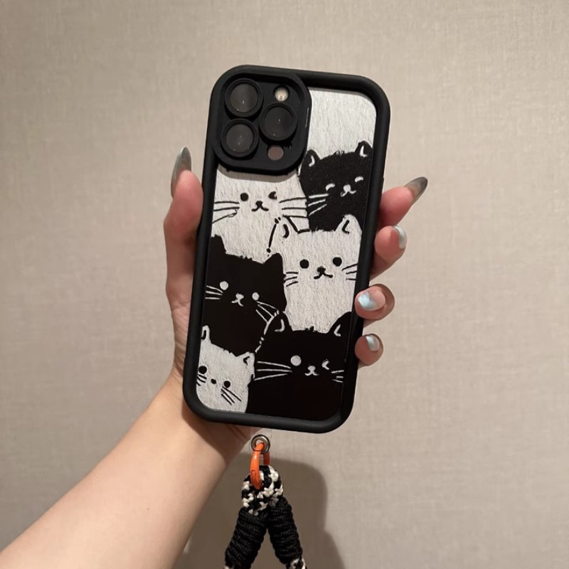 Ốp Điện Thoại Mèo Trắng Đen ins Style Cho Redmi Note 14C A5 14 Pro + 14S 14R Turbo 4 K80 K70 Pro Xiaomi Poco X7 Pro 4G 5G Vỏ Mềm Ốp Lưng Chống Sốc Có Dây Buộc Bện