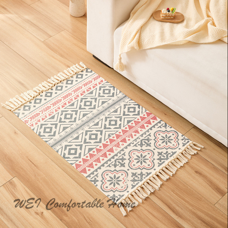 Thảm trải sàn nhỏ tươi mới Bông lanh tua rua đơn giản phong cách bohemian Thảm trải sàn phòng khách phòng ngủ bên giường thảm phong cách nổi tiếng cổ điển