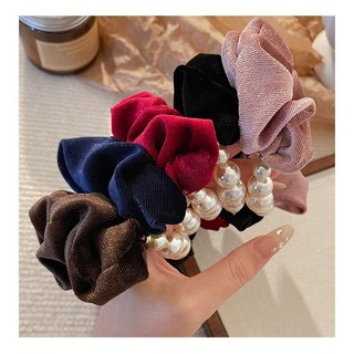 Phụ kiện tóc ngọc trai nhung, dây co giãn đa năng màu đen hồng, phong cách công chúa Hàn Quốc, handmade