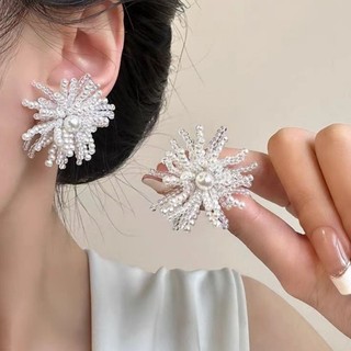 1 Đôi Bông tai xếp li kim loại phóng đại khí chất bạc