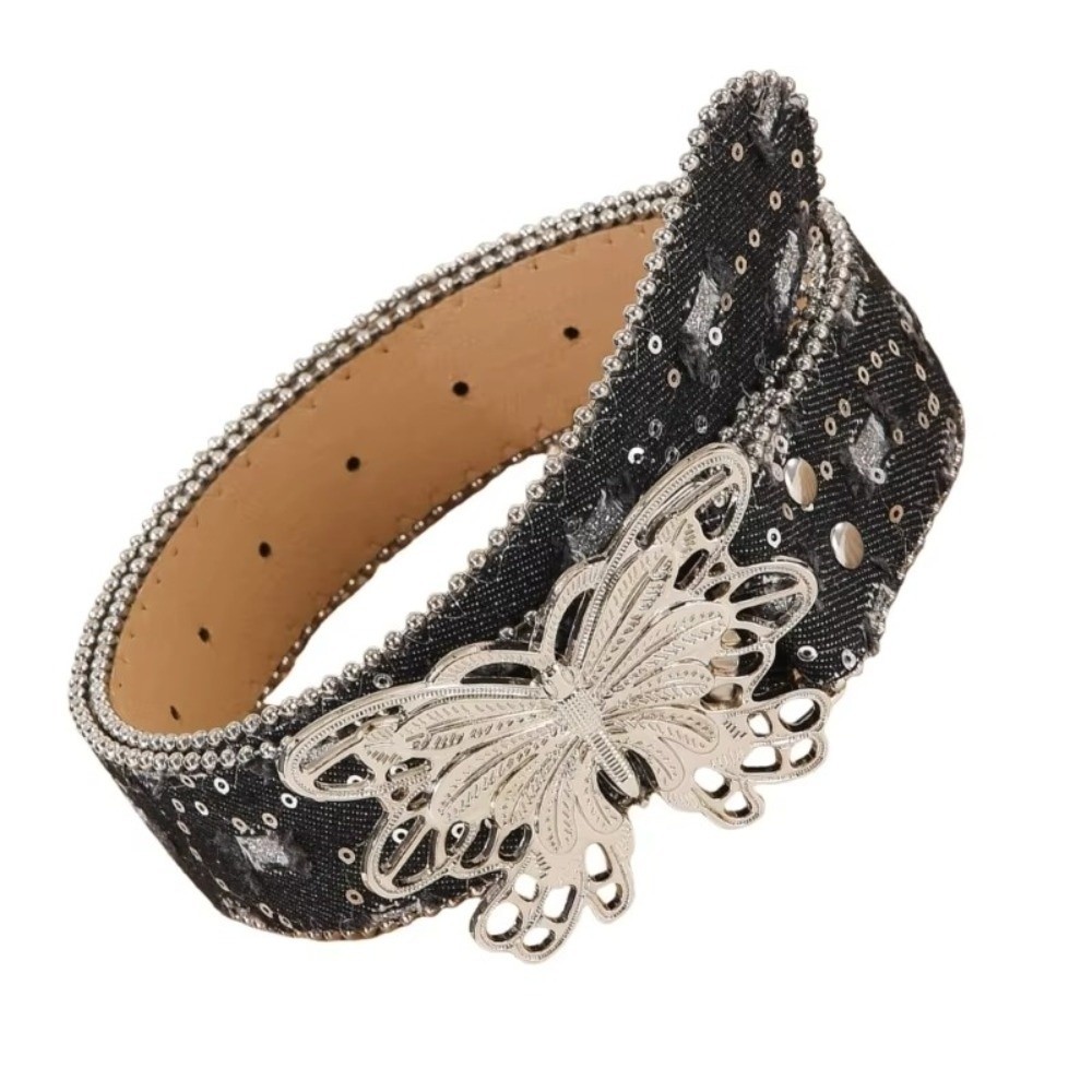 Thắt lưng thời trang cổ điển TCYILLOIAN, Thắt lưng Punk hình bướm đính sequin, Thắt lưng viền rộng Denim hợp thời trang Y2K chắp vá