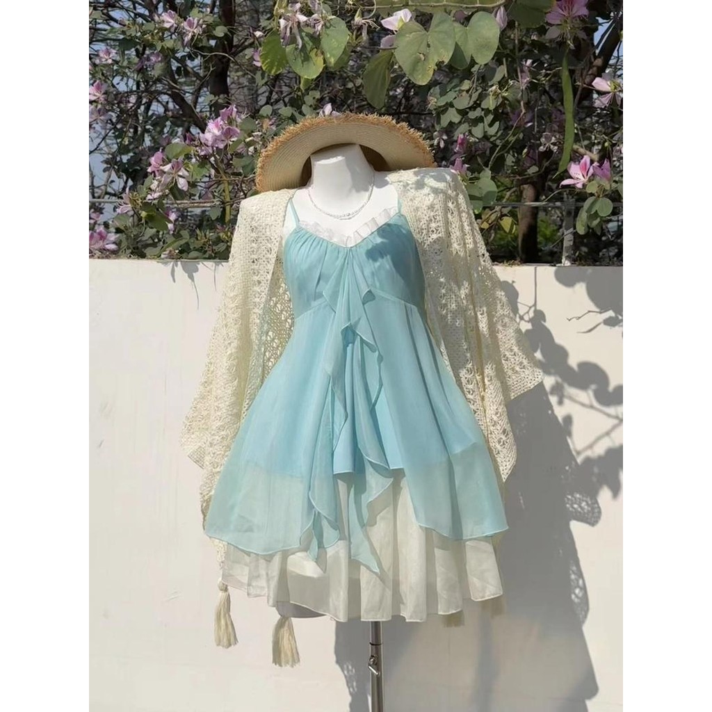 [Yu]Bộ chiffon retro phong cách Mermaid Love Song, mùa hè, thiết kế hai mảnh nữ tính.