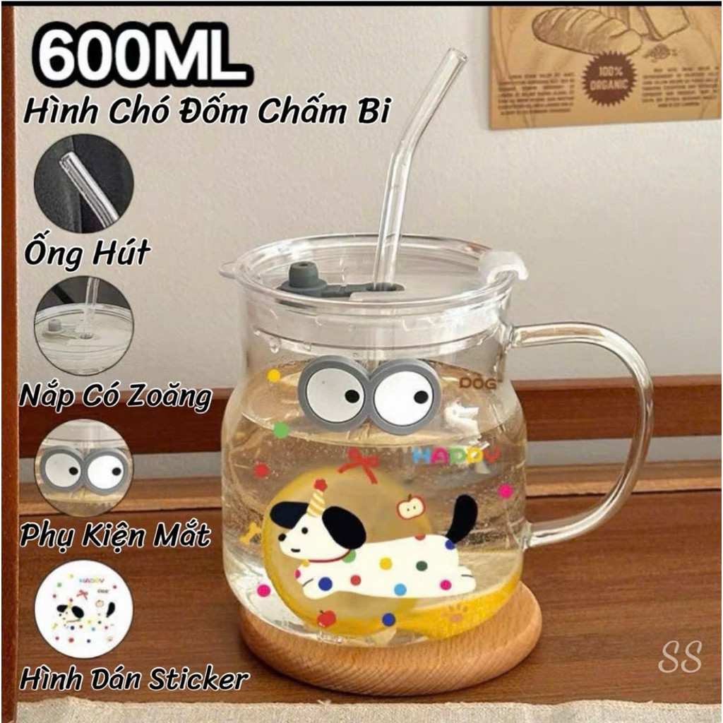 Cốc Thuỷ Tinh Hình đôi mắt Dung Tích 600ML Tặng Kèm Ống Hút THUỶ TINH