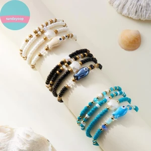 Sund 4 Cái / bộ Nhiều Màu Sắc Gốm Cá Quyến Rũ Vòng Tay Handmade Đàn Hồi Xếp Chồng Gạo Đính Hạt Vòng Tay Bãi Biển Mùa Hè Tình Bạn Tặng VN