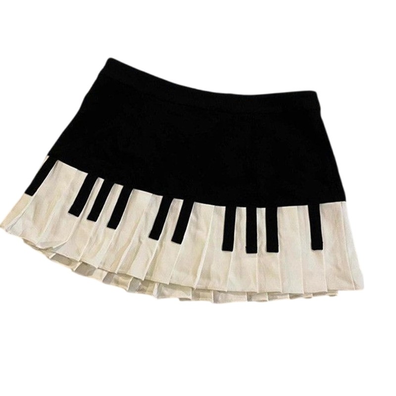 Women's  Waist Pleated Vintage Aesthetic Piano Key Print A Line Mini Skirt