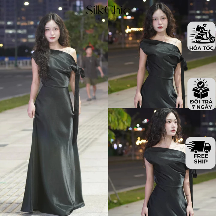 Đầm Lụa Dự Tiệc Trễ Vai Phối Nơ Lệch Vai Lụa Hàn NV684 Váy Lụa Đầm Dự Tiệc Cưới Lệch Vai Dây Thắt Được Nhiều Kiểu Nữ