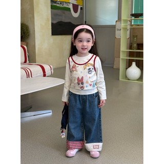 Bé Gái Mùa Thu 2025 Phong Cách Mới Powerpuff Bé Gái Giả Hai Mảnh Áo Thun Dài Tay + Denim Quần Ống Rộng Phù Hợp Với
