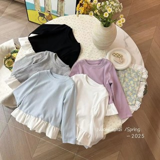 Mùa Xuân Phong Cách Mới Bé Gái Màu Ren Dài Tay Áo Thun Thời Trang Cho Bé Đáy Áo Sơ Mi Trẻ Em Thoải Mái Ngọt Ngào Top