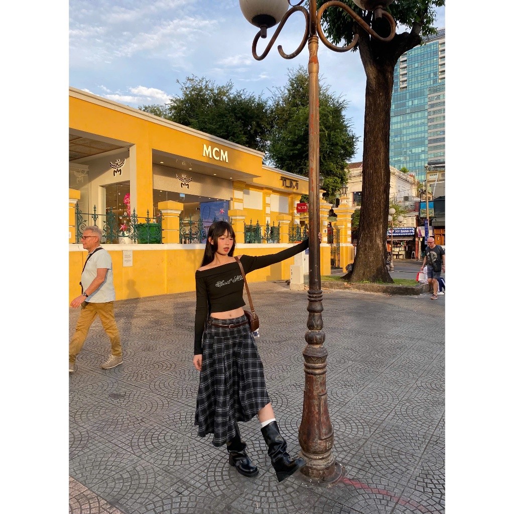 [KH10] Chân váy caro dáng dài NIKI vạt chéo, chân váy cá tính phong cách streetwear | Khao Boutique
