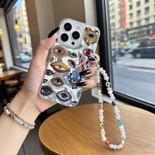 Retro Full Evil Eyes Ngọc Trai Dây Xích Ốp Lưng Tương Thích Cho iPhone 12 11 Pro Max 12 11 Pro XS Max XR X 7 8 Plus SE 2020 Trái Tim Tình Yêu Cô Gái Laser Vỏ Điện Thoại
