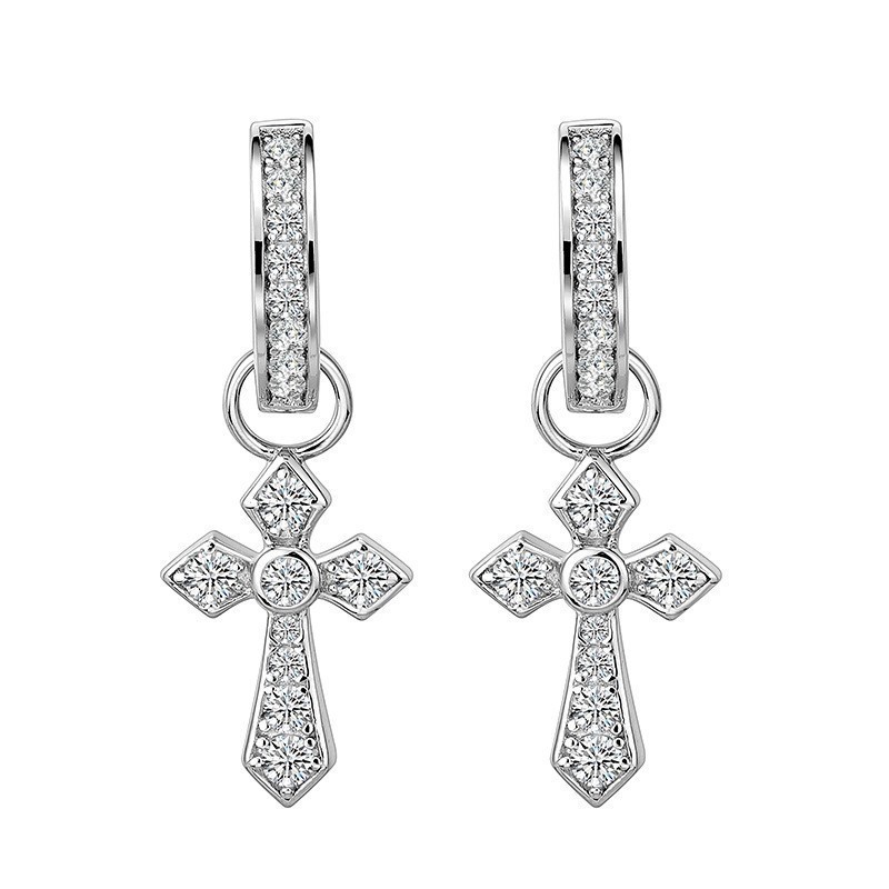Retro S925 Bạc Cross Zircon Bông Tai Nam Hợp Thời Trang Độc Đáo Một Phong Cách Hai Mặc