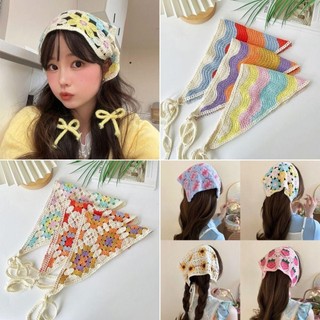 Băng đô tam giác ASDFGER, Mũ trùm đầu móc thủ công phong cách mục vụ kiểu Pháp, Khăn quàng cổ dệt kim tương phản màu hoa nhỏ thời trang cho bé gái băng đô mùa xuân hè ngoài trời