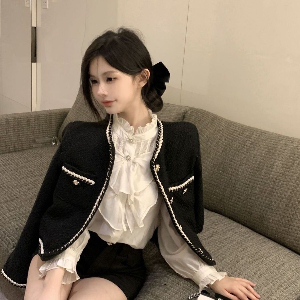 Áo khoác dạ tweed nữ dáng croptop thiết kế phối viền thừng trắng có túi phong cách Hàn Quốc SP22