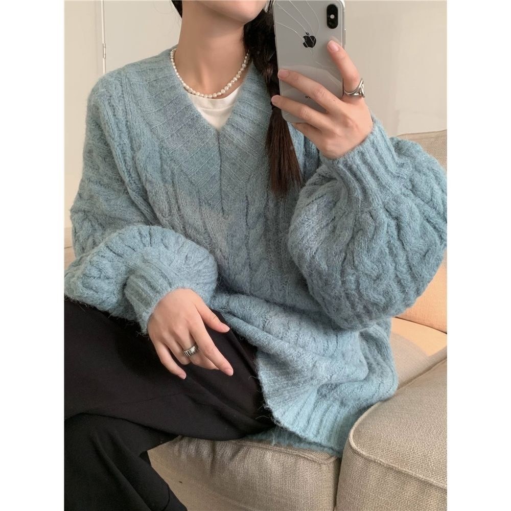 Áo len nữ mùa đông form rộng dáng dài thiết kế tay bồng phối cổ chữ V hottrend hàng QCCC BA SP55