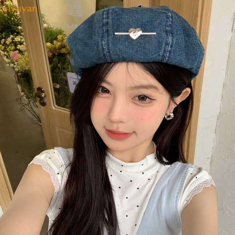 Siyuyan 1 Bông Tai Kẹp Retro Denim Mũ Cho Nữ Xuân Hè Du Lịch Đa Năng Thời Trang Tình Yêu Pin Ngọt Ngào Họa Sĩ Mũ VN