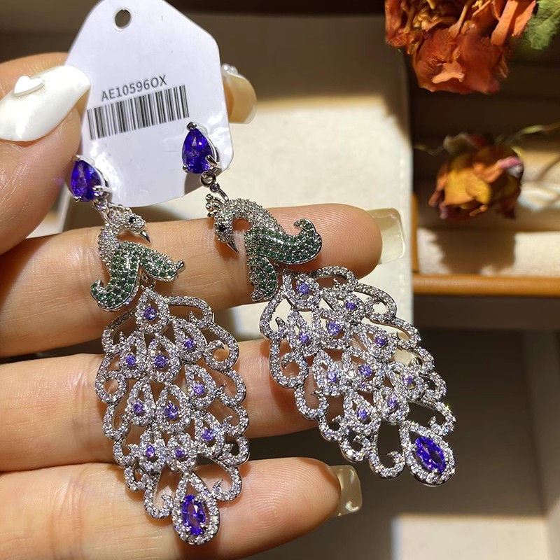 Phong Cách Mới Hình Con Công Zircon Thời Trang Ánh Sáng Bông Tai Sang Trọng s925 Bạc Kim Bông Tai Tinh Tế