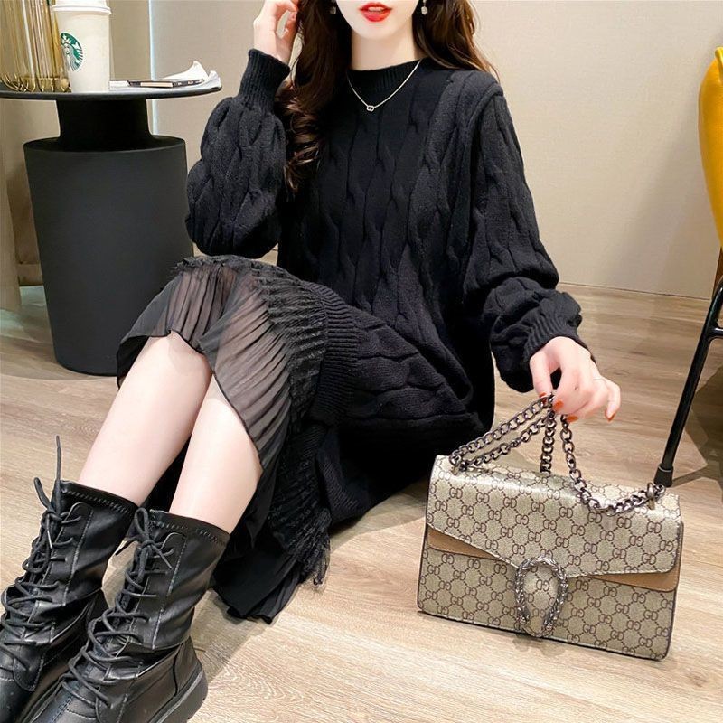 Đầm Dệt Kim Nữ Mùa Xuân Mới Giữa Chiều Dài Ren Mùa Thu Dày Tay Dệt Kim