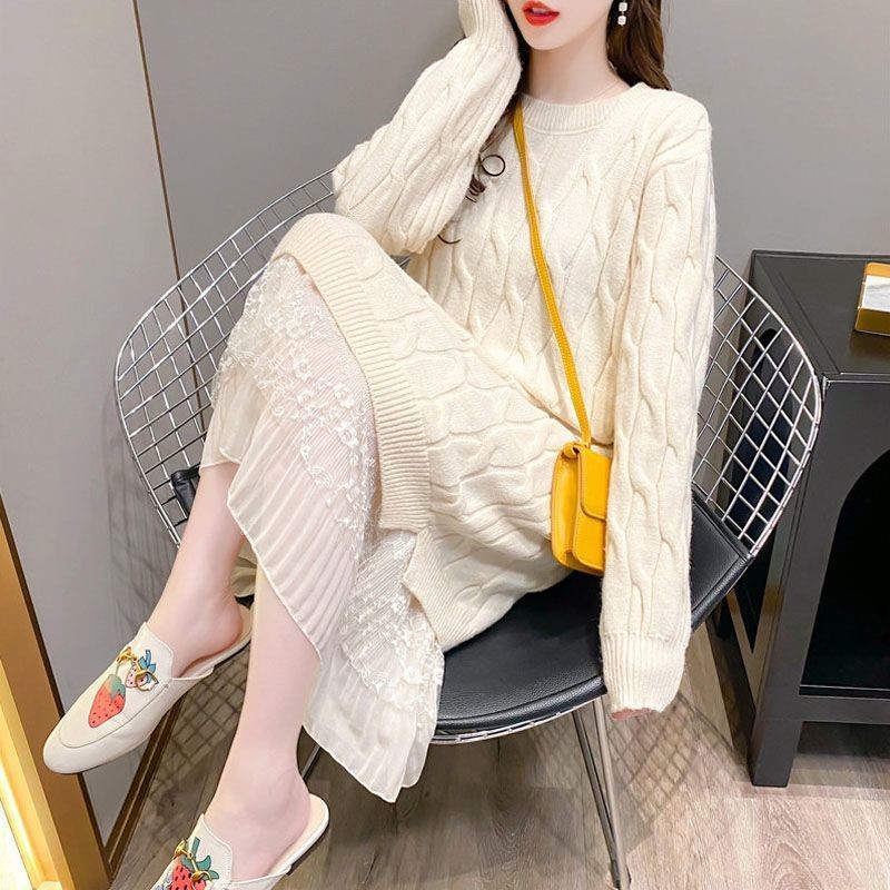 Đầm Dệt Kim Nữ Mùa Xuân Mới Giữa Chiều Dài Ren Mùa Thu Dày Tay Dệt Kim