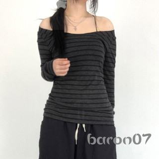Áo thun nữ giảm béo mùa xuân thu dài tay cổ sọc in hình