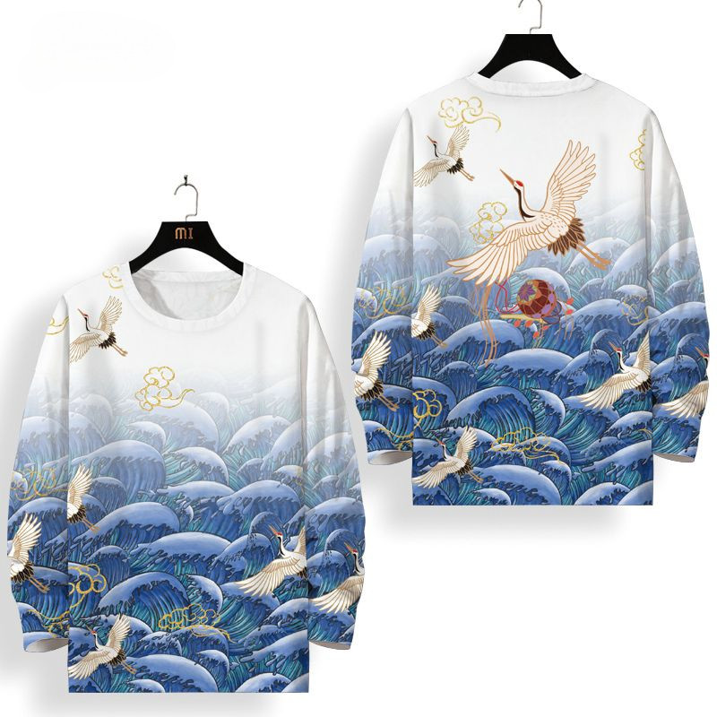 Dài Tay Áo T-Shirt Trung Quốc Phong Cách Cho Nam Giới Crane Top Mùa Thu Lỏng Cộng Với Kích Thước Hàng Đầu Thanh Niên Quần Áo