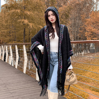 Khăn dệt kim chụp ảnh phong cách dân tộc mặc ngoài khăn choàng màu liền mũ áo choàng du lịch hình thoi áo choàng tua rua nữ giữ ấm