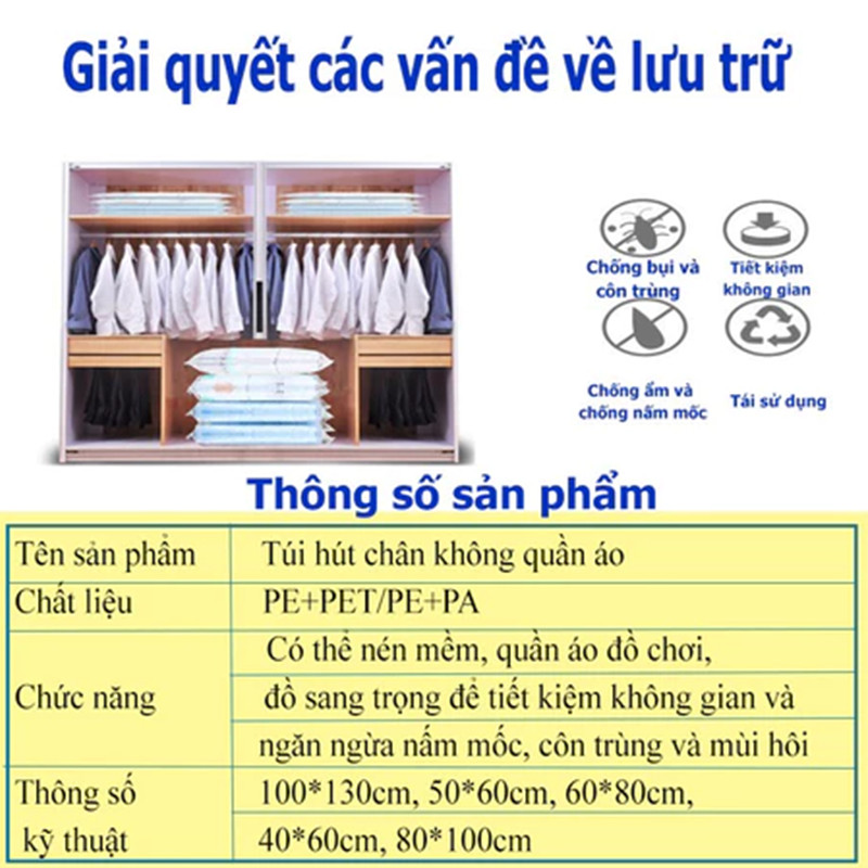 Túi hút chân không quần áo đa năng – Giải pháp bảo quản đồ thông minh, chống ẩm mốc, tiết kiệm diện tích tủ quần áo