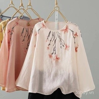 Mùa Hè 2025 Mới Nữ Vải Lanh Cotton Thêu Chống Nắng Áo Sơ Mi Tay Dài Thời Trang Nhẹ Plus Kích Thước Vải Lanh Cotton Top