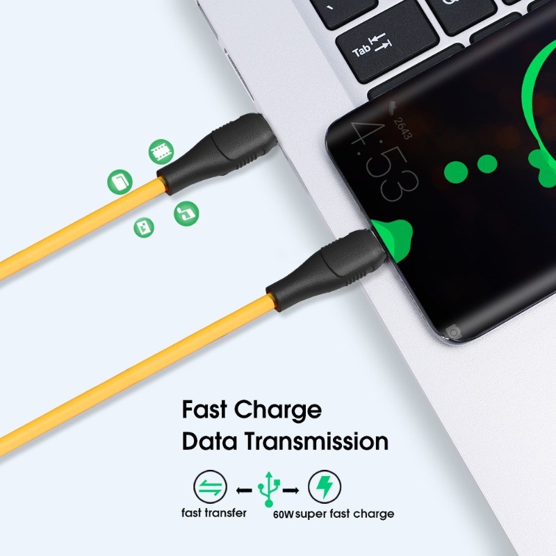 Cáp sạc USB-C di động 60W - Dây truyền dữ liệu Type-C hai đầu - Phụ kiện sạc màu vàng thực tế