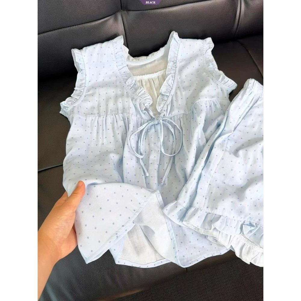 Đồ ngủ nữ bộ vest và quần short bằng gỗ ren chấm bi không tay mới mùa hè