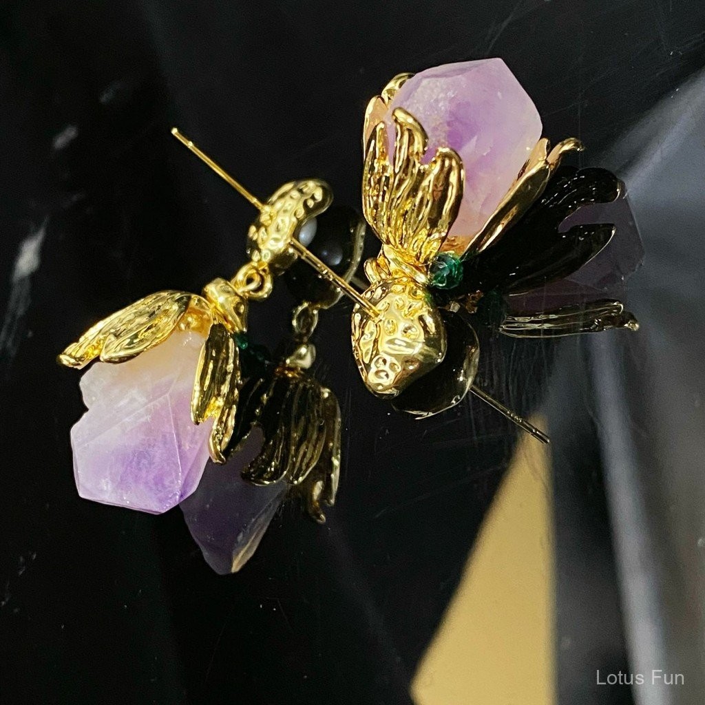 Mạ đồng bông tai vàng 18K với pha lê hình trái cây và hoa oải hương - Tinh tế ngọt ngào dành cho các cô gái