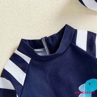 MG-Toddler Boys Rash Guard Đồ bơi Bộ đồ tắm dài tay sọc in hình khủng Long có mũ bơi