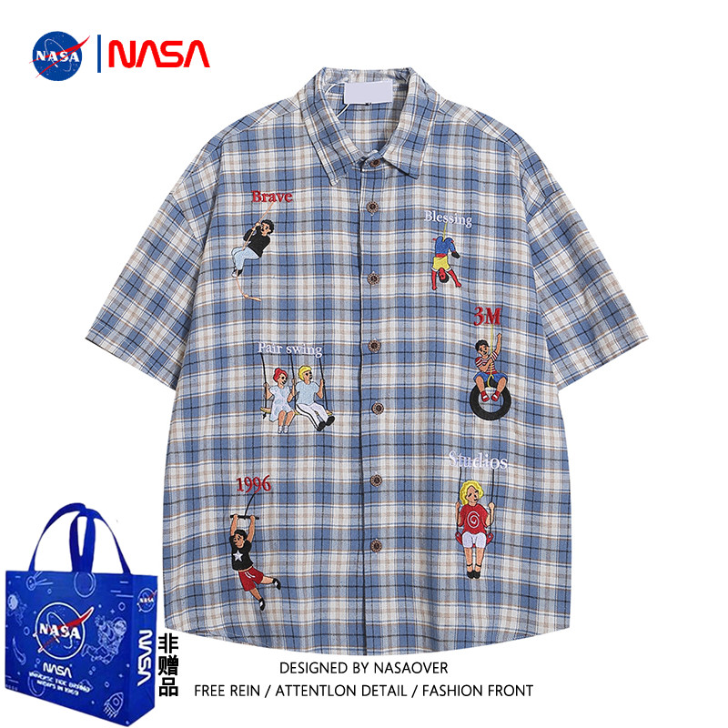 [Yu]Áo khoác sơ mi caro ngắn tay, thiết kế NASA độc đáo, phong cách Nhật Bản mới.