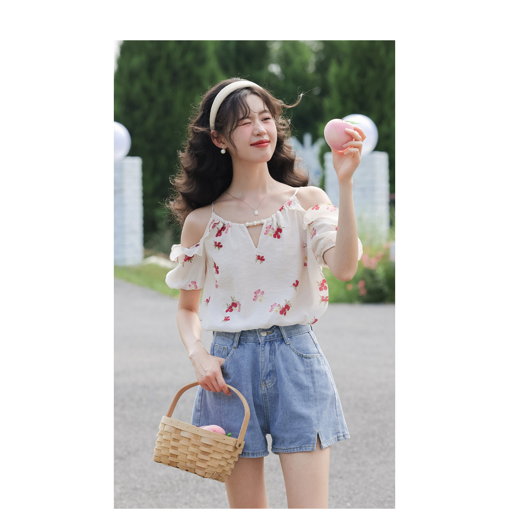 Mutu Áo sơ mi nữ phong cách Pháp ngọt ngào, cổ đào, hoa rời, thiết kế mới cho mùa hè